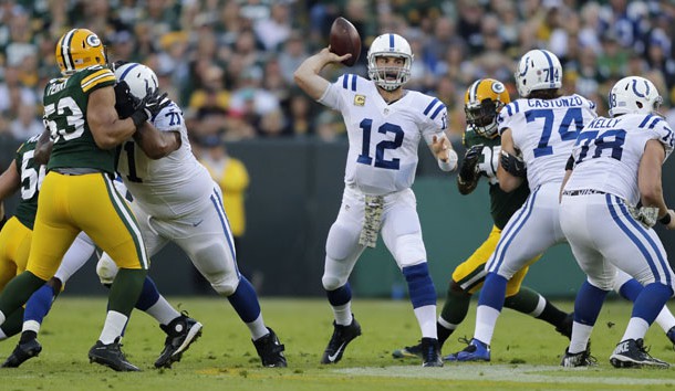 Nov 6, 2016; Green Bay, WI, USA;  Indianapolis Colts quarterback Andrew Luck throws a pass against the Green Bay Packers at Lambeau Field. Photo Credit: William Glasheen/The Post-Crescent via USA TODAY Sports