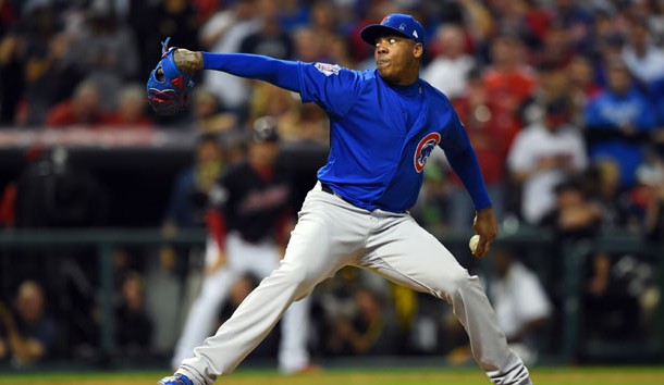 Nov 2, 2016; Cleveland, OH, USA; Chicago Cubs relief pitcher Aroldis Chapman throws a pitch against the Cleveland Indians in the 8th inning in game seven of the 2016 World Series at Progressive Field. Photo Credit: Tommy Gilligan-USA TODAY Sports