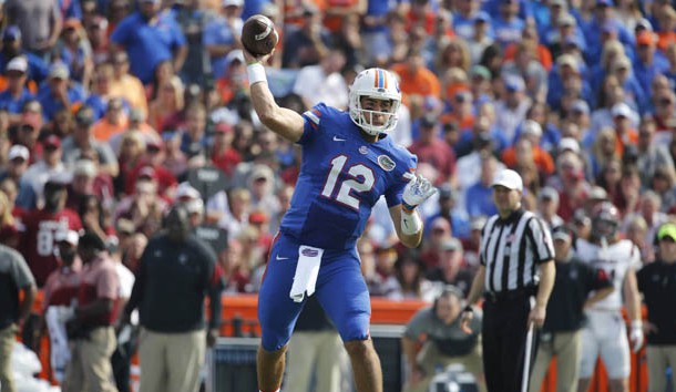 Nov 12, 2016; Gainesville, FL, USA;  Florida Gators quarterback Austin Appleby (12) throws the ball against the South Carolina Gamecocks during the first quarter at Ben Hill Griffin Stadium. Photo Credit: Kim Klement-USA TODAY Sports