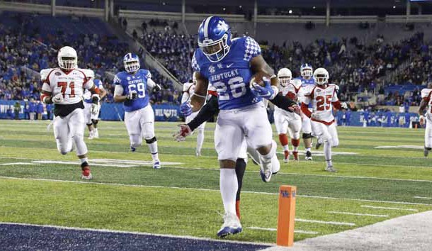 Nov 19, 2016; Lexington, KY, USA; Kentucky Wildcats running back Benny Snell (26) runs the ball for a touchdown against the Austin Peay Governors in the first half at Commonwealth Stadium. Photo Credit: Mark Zerof-USA TODAY Sports