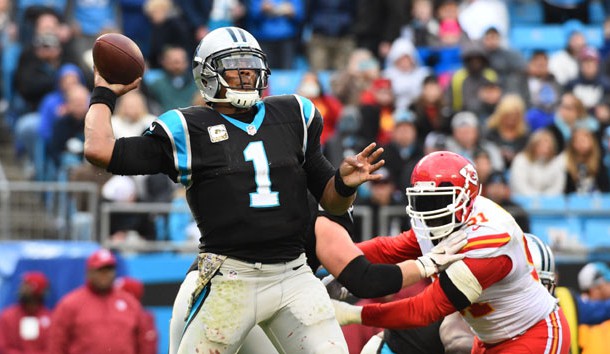 Nov 13, 2016; Charlotte, NC, USA; Carolina Panthers quarterback Cam Newton (1) looks to pass as Kansas City Chiefs outside linebacker Tamba Hali (91) pressures in the fourth quarter. The Chiefs defeated the Panthers 20-17 at Bank of America Stadium. Photo Credit: Bob Donnan-USA TODAY Sports