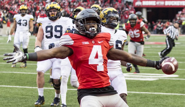 Nov 26, 2016; Columbus, OH, USA; Ohio State Buckeyes running back Curtis Samuel (4) celebrates after scoring the game winning touchdown against the Michigan Wolverines in the second overtime at Ohio Stadium. Ohio State won the game 30-27 in double overtime. Photo Credit: Greg Bartram-USA TODAY Sports