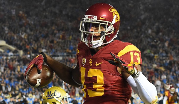 Nov 19, 2016; Pasadena, CA, USA; USC Trojans wide receiver De'Quan Hampton (13) celebrates after a touchdown in the first half of the game against the UCLA Bruins at the Rose Bowl. USC won 36-14. Photo Credit: Jayne Kamin-Oncea-USA TODAY Sports