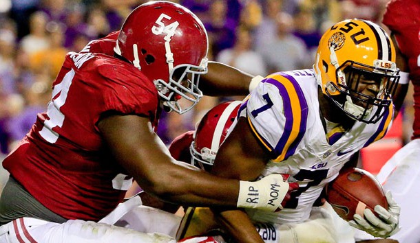 Nov 5, 2016; Baton Rouge, LA, USA; LSU Tigers running back Leonard Fournette (7) is tackled by Alabama Crimson Tide defensive lineman Dalvin Tomlinson (54) during the second half of a game at Tiger Stadium. Alabama defeated LSU 10-0. Photo Credit: Derick E. Hingle-USA TODAY Sports