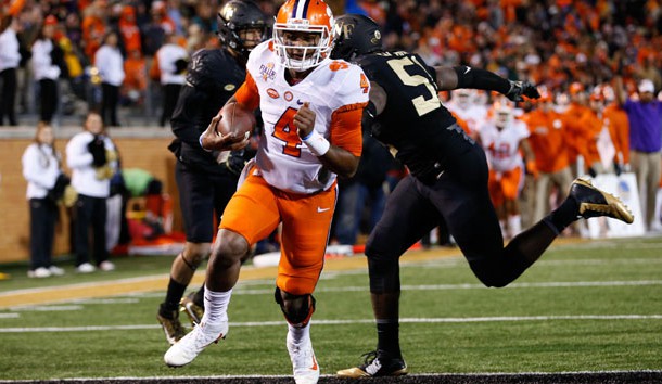 Nov 19, 2016; Winston-Salem, NC, USA; Clemson Tigers quarterback Deshaun Watson (4) runs in for a touchdown during the second quarter against the Wake Forest Demon Deacons at BB&T Field. Photo Credit: Jeremy Brevard-USA TODAY Sports
