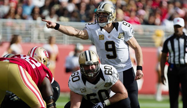Nov 6, 2016; Santa Clara, CA, USA; New Orleans Saints quarterback Drew Brees (9) calls out before receiving a snap from center Max Unger (60) against the San Francisco 49ers during the second quarter at Levi's Stadium. Photo Credit: Kelley L Cox-USA TODAY Sports