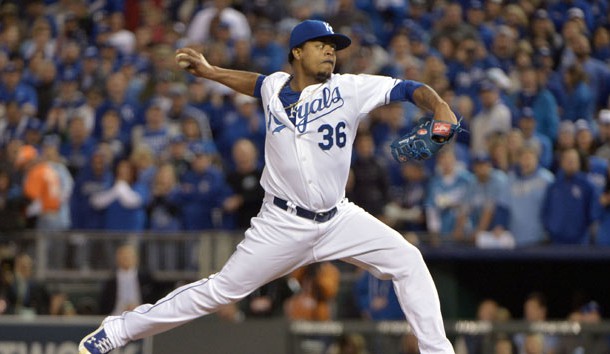 Oct 16, 2015; Kansas City, MO, USA; Kansas City Royals starting pitcher Edinson Volquez (36) throws against the Toronto Blue Jays during the first inning in game one of the ALCS at Kauffman Stadium.  Photo Credit: Denny Medley-USA TODAY Sports