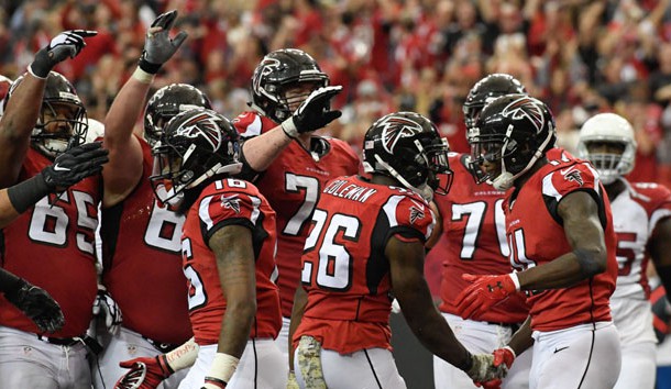 Nov 27, 2016; Atlanta, GA, USA; Atlanta Falcons running back Tevin Coleman (26) reacts with his teammates after scoring a touchdown against the Arizona Cardinals during the second half at the Georgia Dome. The Falcons defeated the Cardinals 38-19. Photo Credit: Dale Zanine-USA TODAY Sports