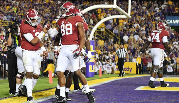 Nov 5, 2016; Baton Rouge, LA, USA; Alabama Crimson Tide quarterback Jalen Hurts (2) celebrates his touchdown with tight end O.J. Howard (88) against the LSU Tigers during the fourth quarter at Tiger Stadium. Photo Credit: John David Mercer-USA TODAY Sports
