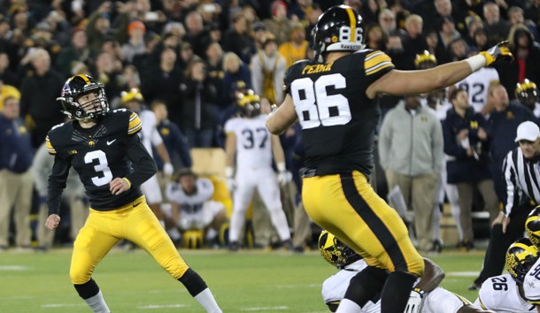 Nov 12, 2016; Iowa City, IA, USA; Iowa Hawkeyes place kicker Keith Duncan (3) watches his game winning field goal against the Michigan Wolverines at Kinnick Stadium. The Hawkeyes won 14-13. Photo Credit: Reese Strickland-USA TODAY Sports