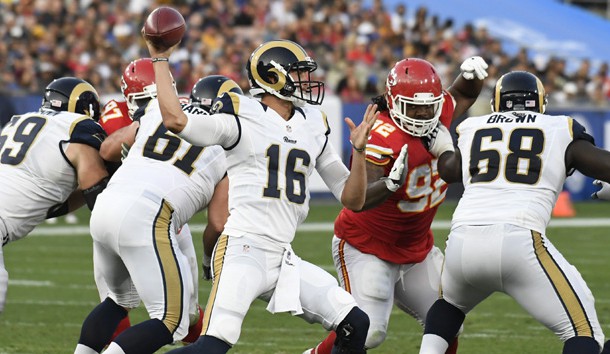 Aug 20, 2016; Los Angeles, CA, USA; Los Angeles Rams quarterback Jared Goff (16) throws the ball during the second quarter against the Kansas City Chiefs at Los Angeles Memorial Coliseum. Photo Credit: Richard Mackson-USA TODAY Sports