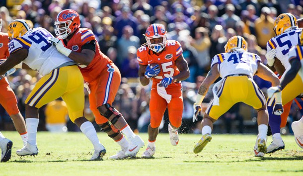 Nov 19, 2016; Baton Rouge, LA, USA; Florida Gators running back Jordan Scarlett (25) in action during the game against the LSU Tigers at Tiger Stadium. The Gators defeat the Tigers 16-10. Photo Credit: Jerome Miron-USA TODAY Sports