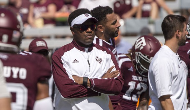 Oct 8, 2016; College Station, TX, USA; Texas A&M Aggies head coach Kevin Sumlin watches his team warm up before the game against the Tennessee Volunteers at Kyle Field. Photo Credit: Jerome Miron-USA TODAY Sports
