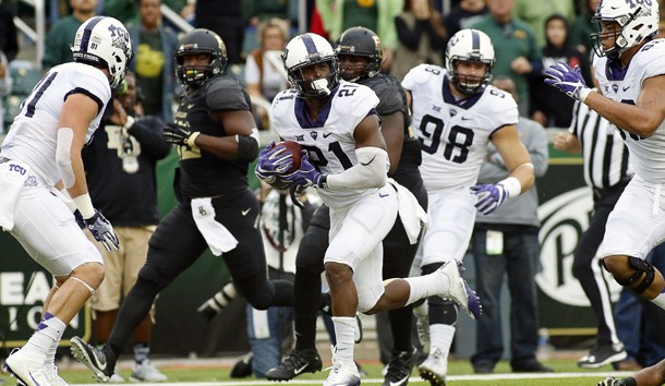 Nov 5, 2016; Waco, TX, USA; TCU Horned Frogs running back Kyle Hicks (21) carries the ball for a 22-yard touchdown against the Baylor Bears during the first half at McLane Stadium. Photo Credit: Ray Carlin-USA TODAY Sports