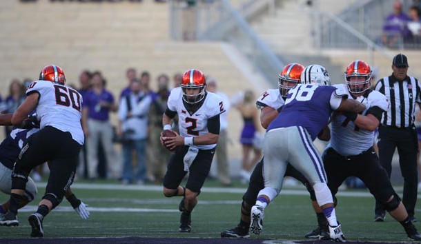 Nov 5, 2016; Manhattan, KS, USA;  Oklahoma State Cowboys quarterback Mason Rudolph (2) finds room to run during a game against the Kansas State Wildcats at Bill Snyder Family Football Stadium. The Cowboys won the game, 43-37. Photo Credit: Scott Sewell-USA TODAY Sports
