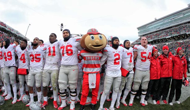 Nov 19, 2016; East Lansing, MI, USA; Ohio State Buckeyes celebrate a win over the Michigan State Spartans after a game at Spartan Stadium. Photo Credit: Mike Carter-USA TODAY Sports