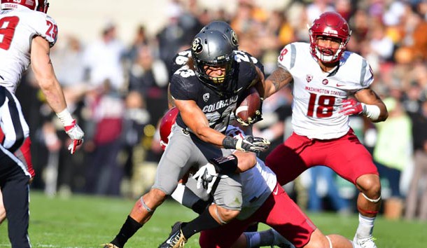 Nov 19, 2016; Boulder, CO, USA; Washington State Cougars linebacker Peyton Pelluer (47) tackles Colorado Buffaloes running back Phillip Lindsay (23) in the first quarter against the Washington State Cougars at Folsom Field. Photo Credit: Ron Chenoy-USA TODAY Sports