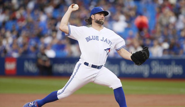 Aug 23, 2016; Toronto, Ontario, CAN; Toronto Blue Jays starting pitcher R.A. Dickey (43) throws against the Los Angeles Angels in the first inning at Rogers Centre. Photo Credit: John E. Sokolowski-USA TODAY Sports