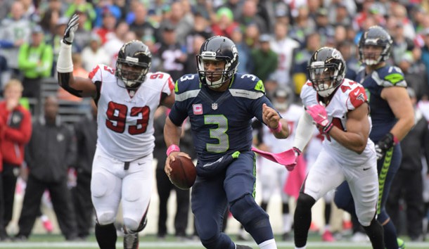 Oct 16, 2016; Seattle, WA, USA; Seattle Seahawks quarterback Russell Wilson (3) carries the ball against the Atlanta Falcons during a NFL football game at CenturyLink Field. The Seahawks defeated the Falcons 26-24. Photo Credit: Kirby Lee-USA TODAY Sports