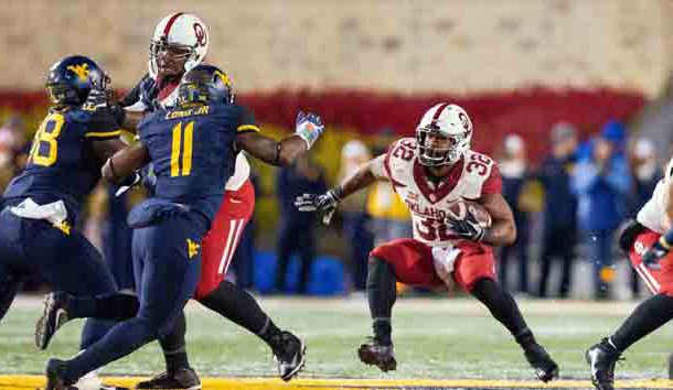 Nov 19, 2016; Morgantown, WV, USA; Oklahoma Sooners running back Samaje Perine (32) runs the ball during the second quarter against the West Virginia Mountaineers at Milan Puskar Stadium. Photo Credit: Ben Queen-USA TODAY Sports