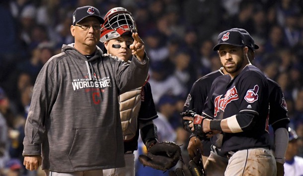 Oct 28, 2016; Chicago, IL, USA; Cleveland Indians manager Terry Francona (far left) signals for a pitching change against the Chicago Cubs during the fifth inning in game three of the 2016 World Series at Wrigley Field. Photo Credit: Tommy Gilligan-USA TODAY Sports