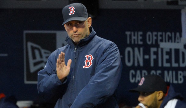 Apr 6, 2016; Cleveland, OH, USA; Boston Red Sox bench coach Torey Lovullo (17) signals from the dugout in the first inning against the Cleveland Indians at Progressive Field. Photo Credit: David Richard-USA TODAY Sports