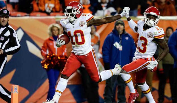 Nov 27, 2016; Denver, CO, USA; Kansas City Chiefs wide receiver Tyreek Hill (10) celebrates a touchdown with wide receiver De'Anthony Thomas (13) in the second quarter against the Denver Broncos at Sports Authority Field at Mile High. Photo Credit: Isaiah J. Downing-USA TODAY Sports