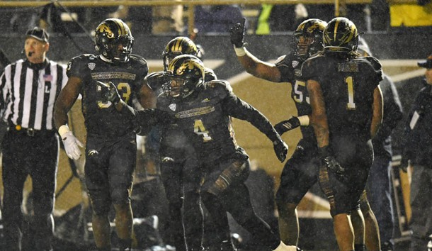 Nov 25, 2016; Kalamazoo, MI, USA; Western Michigan Broncos cornerback Darius Phillips (4) celebrates after an interception against the Toledo Rockets during the second half at Waldo Stadium. The Broncos won 55-35. Photo Credit: Patrick Gorski-USA TODAY Sports