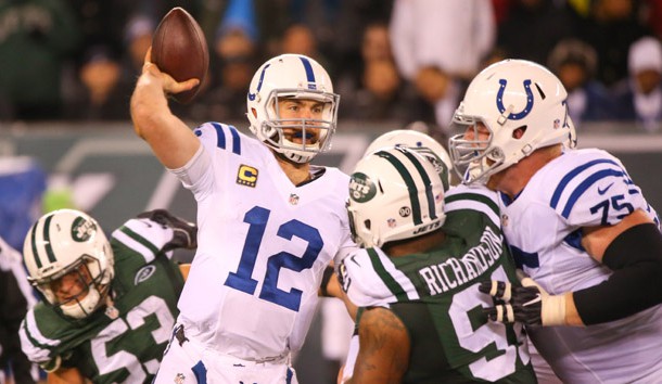 Dec 5, 2016; East Rutherford, NJ, USA; Indianapolis Colts quarterback Andrew Luck (12) throws a pass against the New York Jets during the second half at MetLife Stadium. The Colts defeated the Jets 41-10.  Photo Credit: Ed Mulholland-USA TODAY Sports