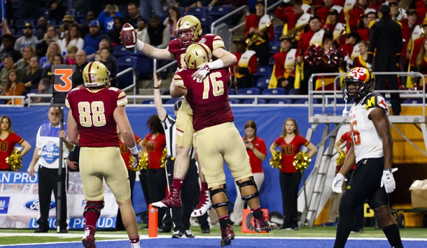 Dec 26, 2016; Detroit, MI, USA; Boston College Eagles tight end Tommy Sweeney (89) receives congratulations from offensive lineman Elijah Johnson (76) and tight end Michael Giacone (88) after scoring in the first half against the Boston College Eagles at Ford Field. Photo Credit: Rick Osentoski-USA TODAY Sports
