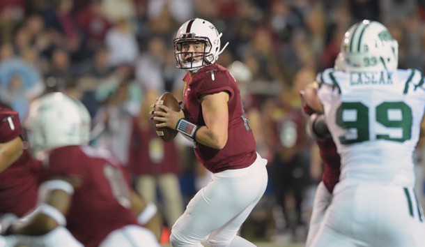 Dec 23, 2016; Mobile, AL, USA; Troy Trojans quarterback Brandon Silvers (12) drops back to pass against the Ohio Bobcats during the first quarter of the Dollar General Bowl at Ladd-Peebles Stadium. Photo Credit: USA TODAY Sports