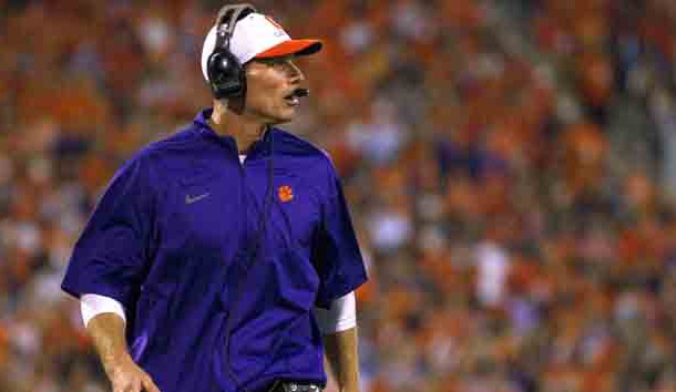 Oct 25, 2014; Clemson, SC, USA; Clemson Tigers defensive coordinator Brent Venables reacts during the first quarter against the Syracuse Orange at Clemson Memorial Stadium. Mandatory Credit: Joshua S. Kelly-USA TODAY Sports