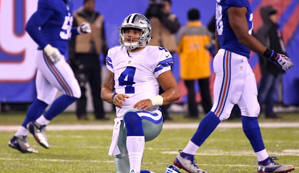 Dec 11, 2016; East Rutherford, NJ, USA;  Dallas Cowboys quarterback Dak Prescott (4) after missing a 3rd down attempt forcing a punt in the 1st half at MetLife Stadium. Photo Credit: Robert Deutsch-USA TODAY Sports