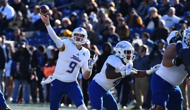 Nov 12, 2016; Annapolis, MD, USA; Tulsa Golden Hurricane quarterback Dane Evans (9) attempts a pass against the Navy Midshipmen during the second half at Navy Marine Corps Memorial Stadium. Photo Credit: Brad Mills-USA TODAY Sports