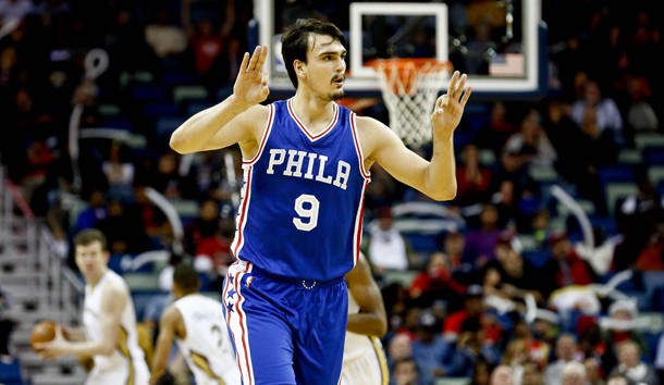Dec 8, 2016; New Orleans, LA, USA; Philadelphia 76ers forward Dario Saric (9) celebrates after a three point basket against the New Orleans Pelicans during the second half of a game at the Smoothie King Center.  The 76ers defeated the Pelicans 99-88. Photo Credit: Derick E. Hingle-USA TODAY Sports