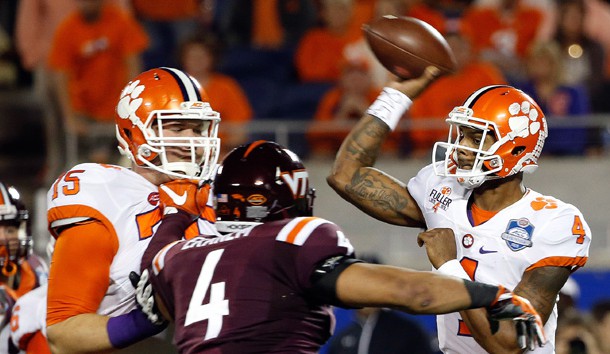 Dec 3, 2016; Orlando, FL, USA; Clemson Tigers quarterback Deshaun Watson (4) throws the ball against the Virginia Tech Hokies during the first half of the ACC Championship college football game at Camping World Stadium. Photo Credit: Kim Klement-USA TODAY Sports