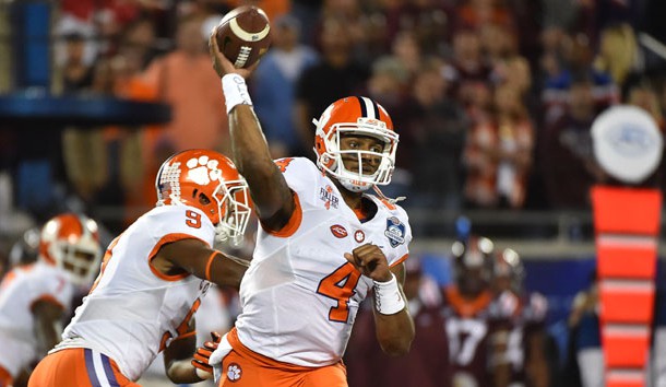 Dec 3, 2016; Orlando, FL, USA; Clemson Tigers quarterback Deshaun Watson (4) attempts a pass against the Virginia Tech Hokies during the first half of the ACC Championship college football game at Camping World Stadium. Photo Credit: Jasen Vinlove-USA TODAY Sports