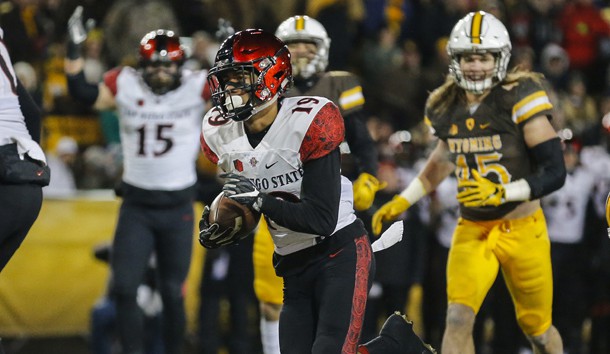 Dec 3, 2016; Laramie, WY, USA; San Diego State Aztecs running back Donnel Pumphrey (19) scores a touchdown against the Wyoming Cowboys during the first quarter at the Mountain West Championship college football game at War Memorial Stadium. Photo Credit: Troy Babbitt-USA TODAY Sports