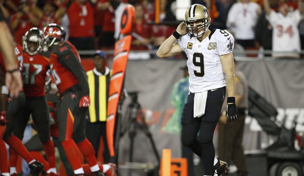 Dec 11, 2016; Tampa, FL, USA; New Orleans Saints quarterback Drew Brees (9) reacts as he walks back to the sideline after the didn't complete fourth down against the Tampa Bay Buccaneers during the second half at Raymond James Stadium. Tampa Bay Buccaneers defeated the New Orleans Saints 16-11. Photo Credit: Kim Klement-USA TODAY Sports