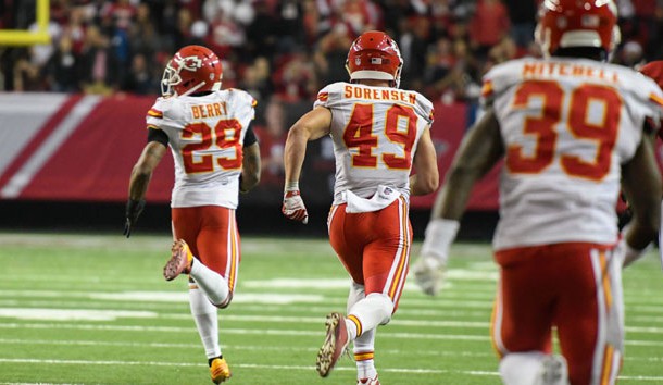 Dec 4, 2016; Atlanta, GA, USA; Kansas City Chiefs strong safety Eric Berry (29) intercepts a two point conversion attempt and returns it for the game winning points against the Atlanta Falcons during the second half at the Georgia Dome. The Chiefs won 29-28. Photo Credit: Dale Zanine-USA TODAY Sports