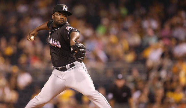 Aug 19, 2016; Pittsburgh, PA, USA;  Miami Marlins relief pitcher Fernando Rodney (56) pitches against the Pittsburgh Pirates during the ninth inning at PNC Park. Miami won 6-5. Photo Credit: Charles LeClaire-USA TODAY Sports