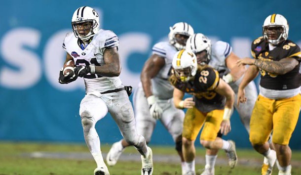 Dec 21, 2016; San Diego, CA, USA; Brigham Young Cougars running back Jamaal Williams (21) scores a touchdown in the fourth quarter against the Wyoming Cowboys during the 2016 Poinsettia Bowl at Qualcomm Stadium. Photo Credit: Kirby Lee-USA TODAY Sports