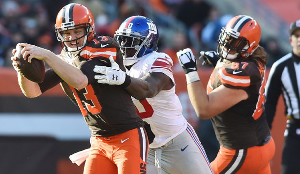 Nov 27, 2016; Cleveland, OH, USA; New York Giants defensive end Jason Pierre-Paul (90) sacks Cleveland Browns quarterback Josh McCown (13) during the first half at FirstEnergy Stadium. Photo Credit: Ken Blaze-USA TODAY Sports