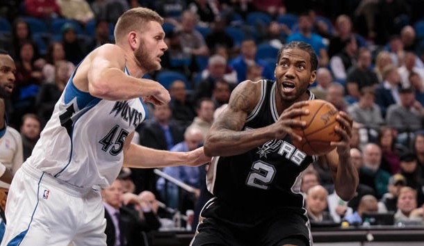 Dec 6, 2016; Minneapolis, MN, USA; San Antonio Spurs forward Kawhi Leonard (2) moves to the basket in the fourth quarter against the Minnesota Timberwolves center Cole Aldrich (45) at Target Center. The San Antonio Spurs beat the Minnesota Timberwolves 105-91. Photo Credit: Brad Rempel-USA TODAY Sports