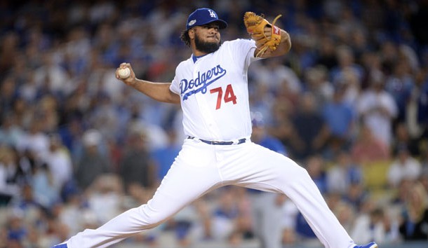 Oct 18, 2016; Los Angeles, CA, USA; Los Angeles Dodgers relief pitcher Kenley Jansen (74) pitches during the eighth inning against the Chicago Cubs in game three of the 2016 NLCS playoff baseball series at Dodger Stadium. Photo Credit: Gary A. Vasquez-USA TODAY Sports