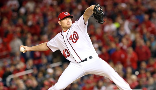 Oct 13, 2016; Washington, DC, USA; Washington Nationals pitcher Mark Melancon (43) pitches during the eighth inning against the Los Angeles Dodgers during game five of the 2016 NLDS playoff baseball game at Nationals Park. Photo Credit: Geoff Burke-USA TODAY Sports
