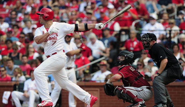 May 25, 2015; St. Louis, MO, USA; St. Louis Cardinals left fielder Matt Holliday (7) hit s a single off of Arizona Diamondbacks starting pitcher Chase Anderson (not pictured) during the fifth inning at Busch Stadium. The Cardinals defeated the Diamondbacks 3-2 in 10 innings. Photo Credit: Jeff Curry-USA TODAY Sports