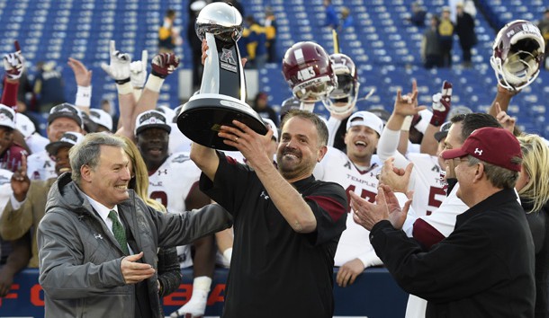 Dec 3, 2016; Annapolis, MD, USA; Temple Owls head coach Matt Rhule hoist the American Athletic Conference football trophy during a post game celebration after defeating Navy Midshipmen 34-10 at Navy-Marine Corps Memorial Stadium. Photo Credit: Tommy Gilligan-USA TODAY Sports