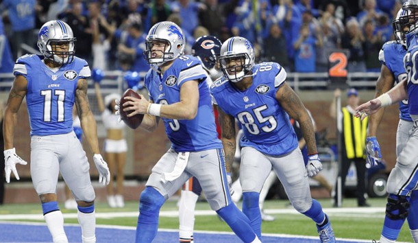 Dec 11, 2016; Detroit, MI, USA; Detroit Lions quarterback Matthew Stafford (9) celebrates after scoring the game winning touchdown during the fourth quarter against the Chicago Bears at Ford Field. Lions win 20-17. Photo Credit: Raj Mehta-USA TODAY Sports