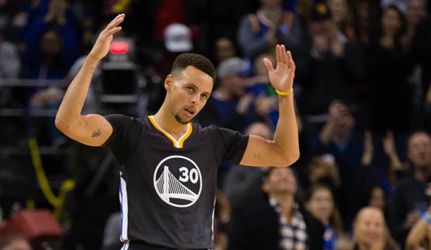 Dec 3, 2016; Oakland, CA, USA; Golden State Warriors guard Stephen Curry (30) celebrates after a three point basket against the Phoenix Suns during the third quarter at Oracle Arena. The Golden State Warriors defeated the Phoenix Suns 138-109. Photo Credit: Kelley L Cox-USA TODAY Sports